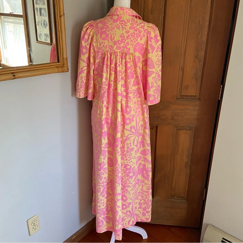 Vintage Ruth Clarage Large Floral Pink Print Mumu House Dress Boho Hand Printed - Picture 6 of 9